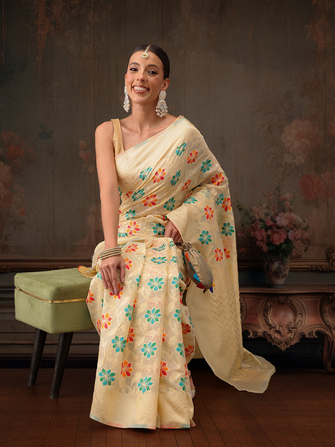 Hiral Fashion Beige Jamdani Cotton Floral Woven Thread Saree | Grocsy