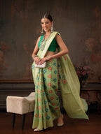 Hiral Fashion Lime Green Jamdani Cotton Floral Woven Thread Saree | Grocsy