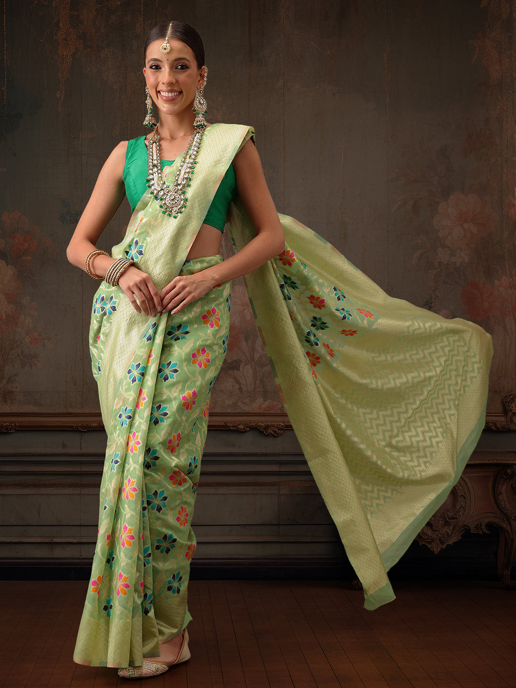 Hiral Fashion Lime Green Jamdani Cotton Floral Woven Thread Saree | Grocsy