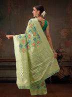 Hiral Fashion Lime Green Jamdani Cotton Floral Woven Thread Saree | Grocsy