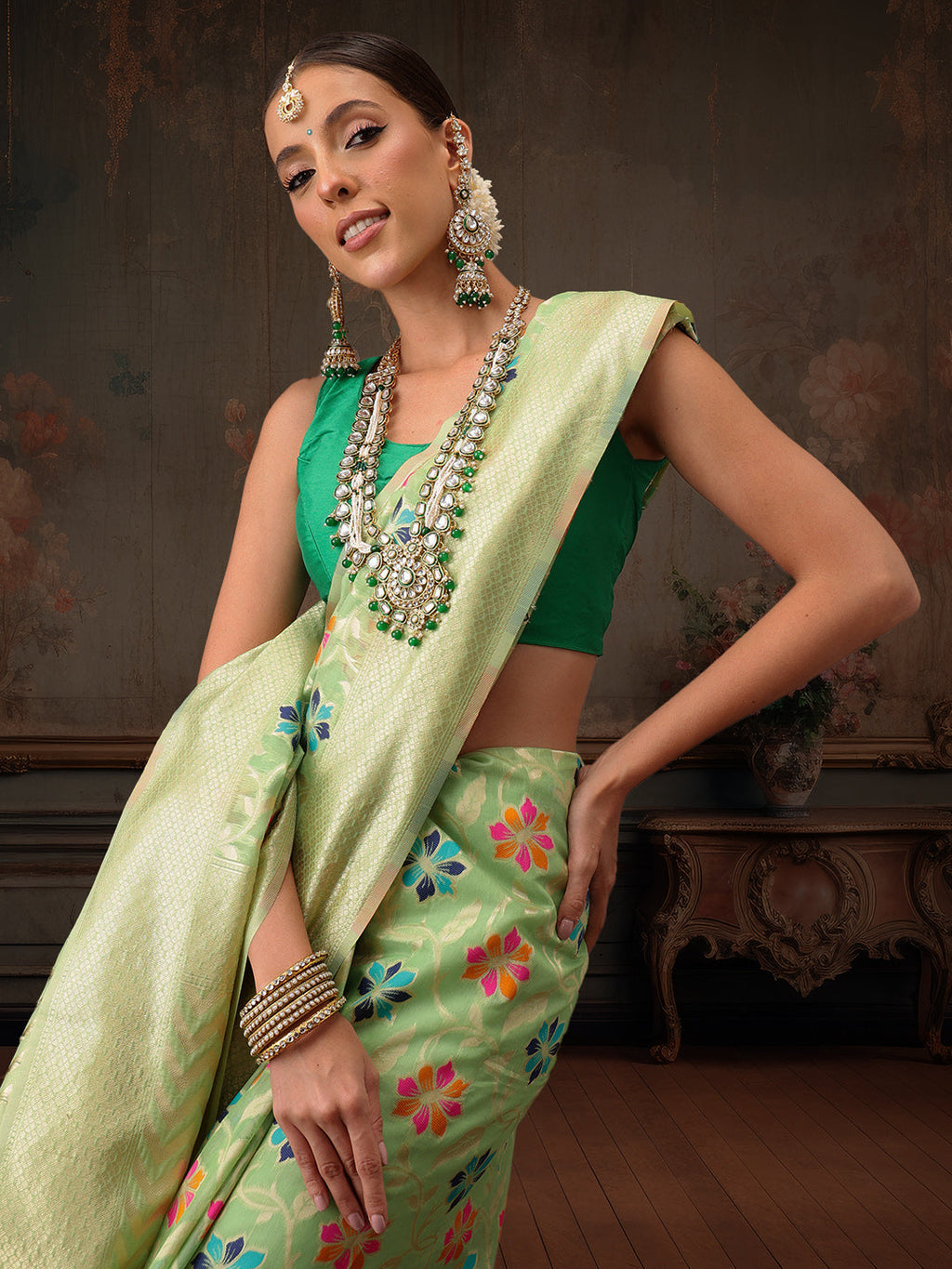 Hiral Fashion Lime Green Jamdani Cotton Floral Woven Thread Saree | Grocsy