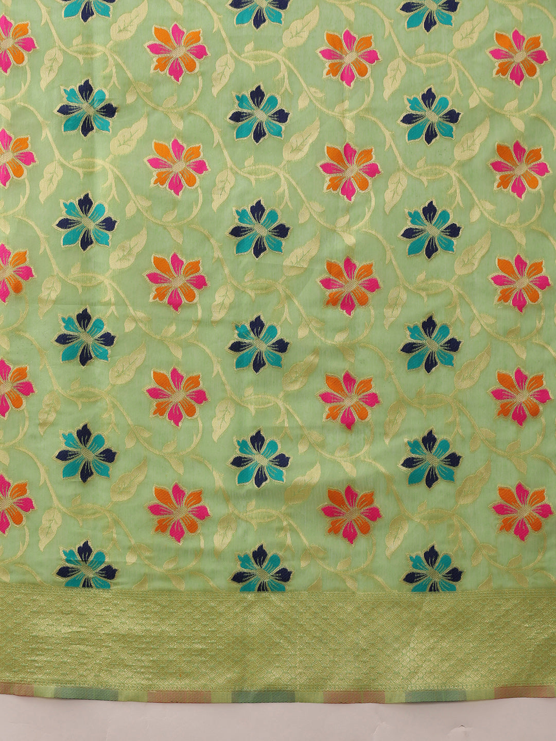 Hiral Fashion Lime Green Jamdani Cotton Floral Woven Thread Saree | Grocsy