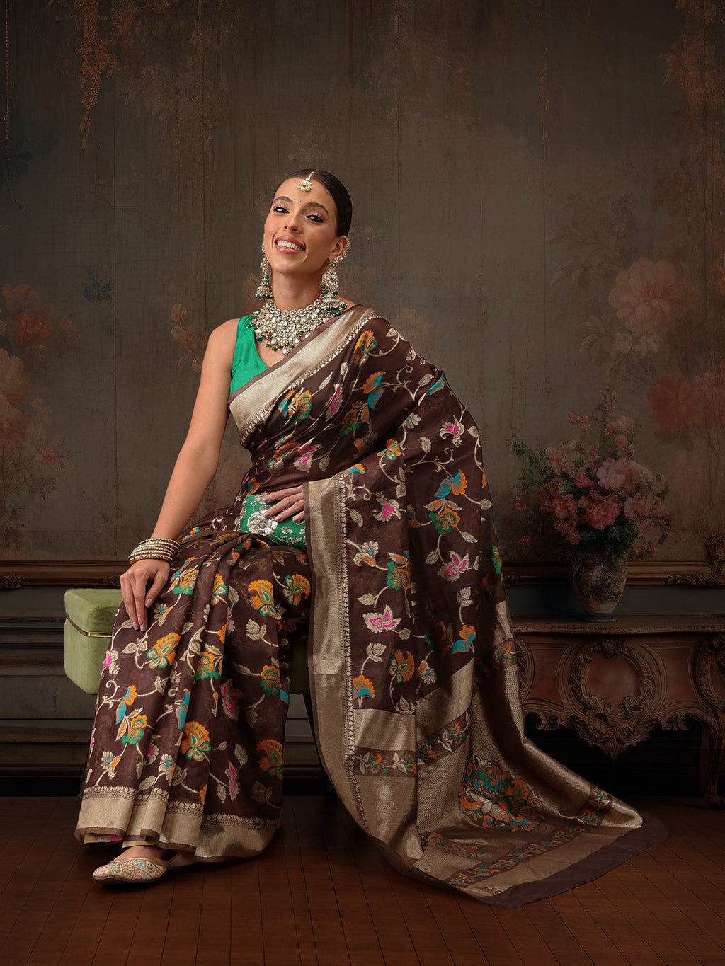 Hiral Fashion Brown Jamdani Cotton Floral Woven Thread Saree | Grocsy