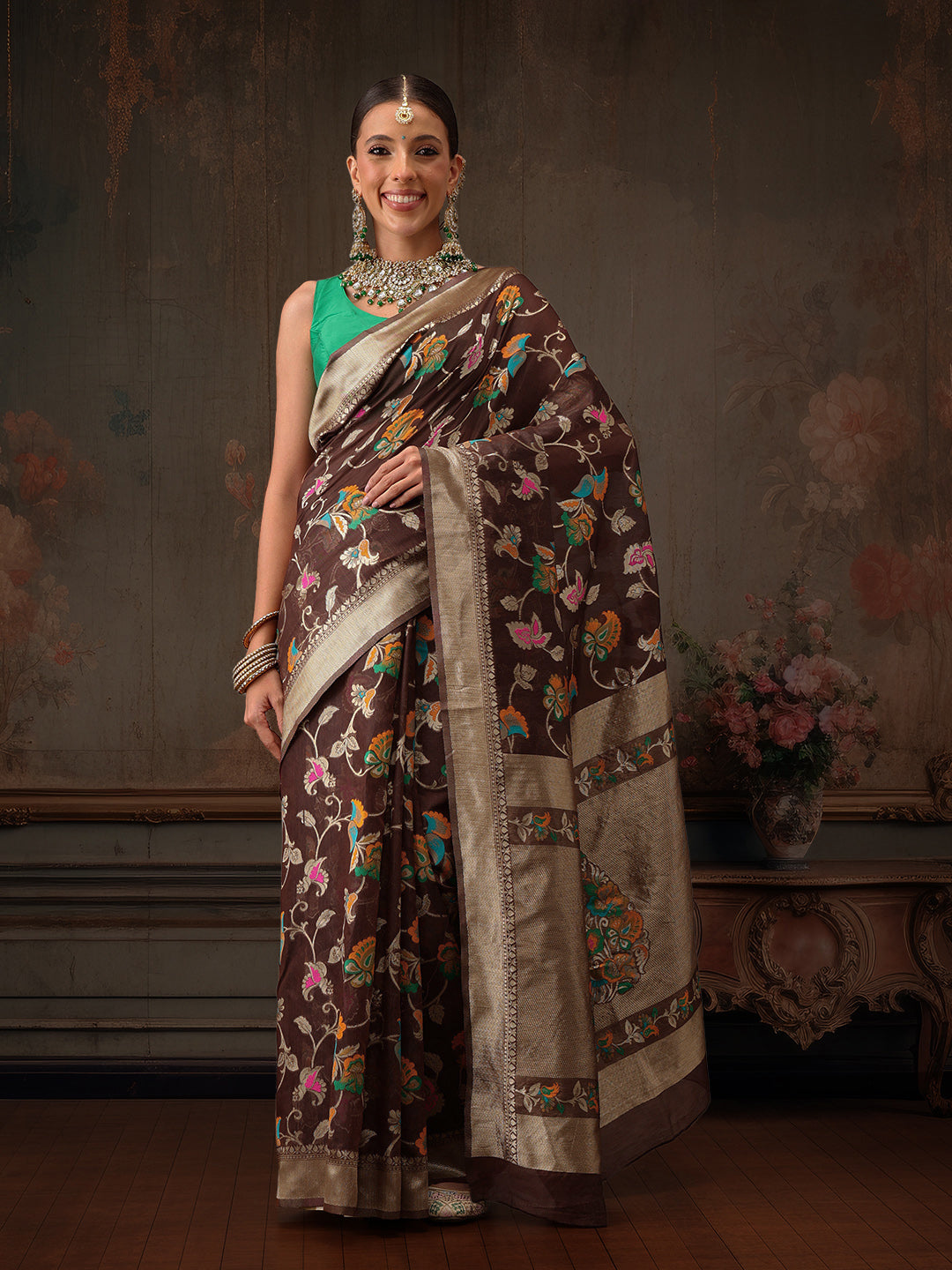 Hiral Fashion Brown Jamdani Cotton Floral Woven Thread Saree | Grocsy