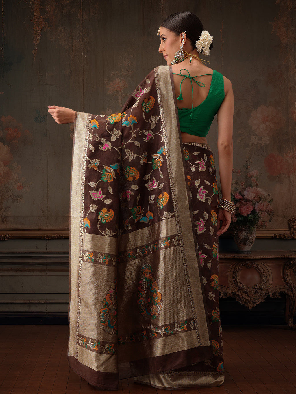 Hiral Fashion Brown Jamdani Cotton Floral Woven Thread Saree | Grocsy