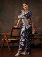 Hiral Fashion Navy Blue Jamdani Cotton Floral Woven Thread Saree | Grocsy