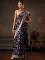 Hiral Fashion Navy Blue Jamdani Cotton Floral Woven Thread Saree | Grocsy