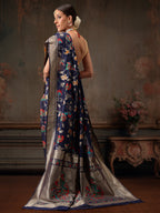 Hiral Fashion Navy Blue Jamdani Cotton Floral Woven Thread Saree | Grocsy