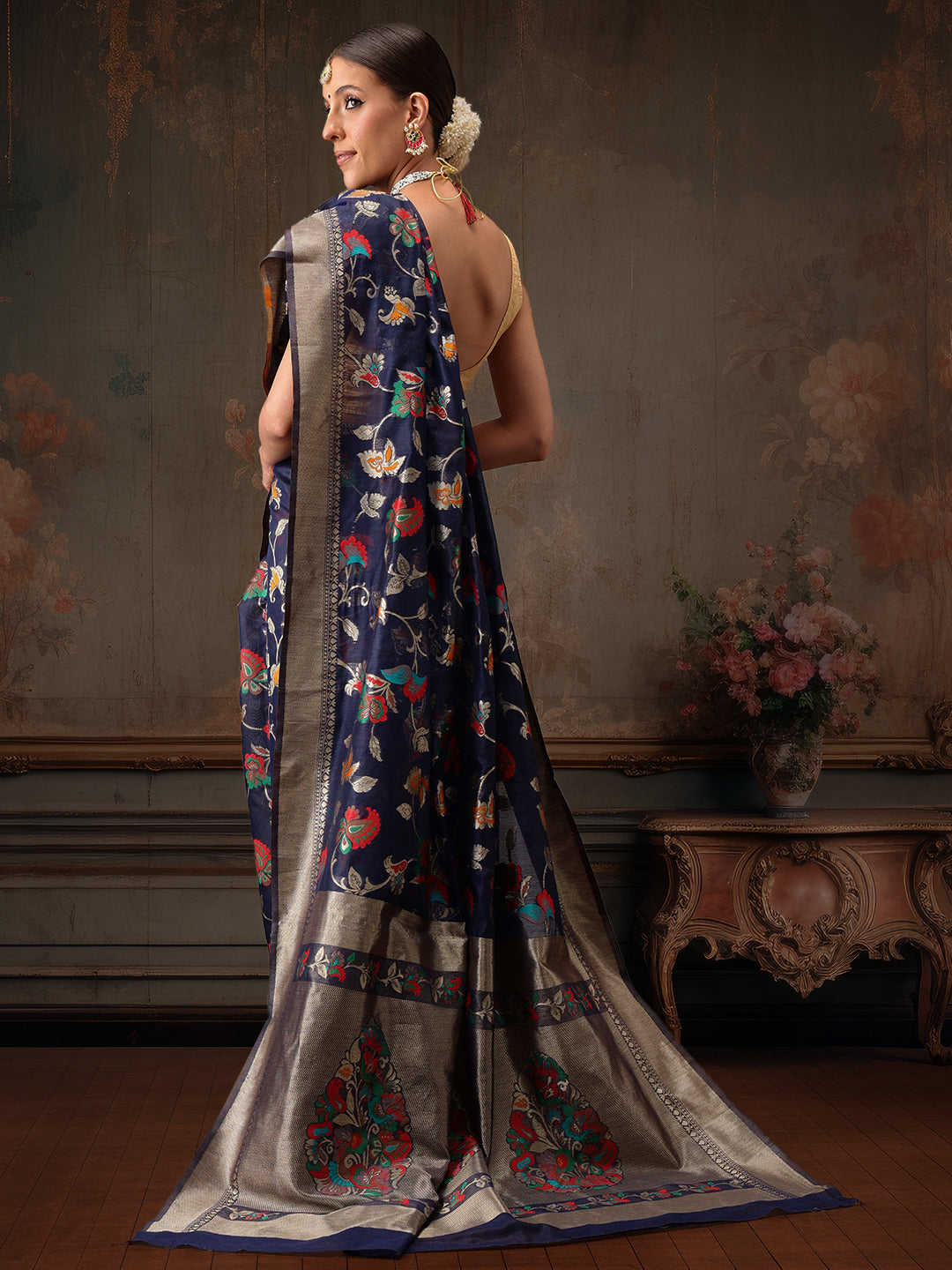 Hiral Fashion Navy Blue Jamdani Cotton Floral Woven Thread Saree | Grocsy
