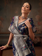 Hiral Fashion Navy Blue Jamdani Cotton Floral Woven Thread Saree | Grocsy