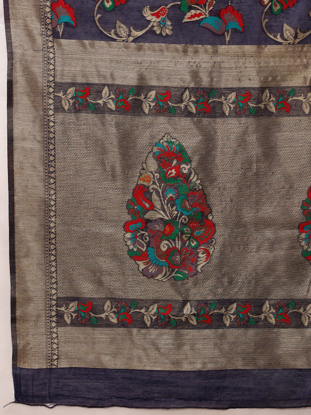 Hiral Fashion Navy Blue Jamdani Cotton Floral Woven Thread Saree | Grocsy