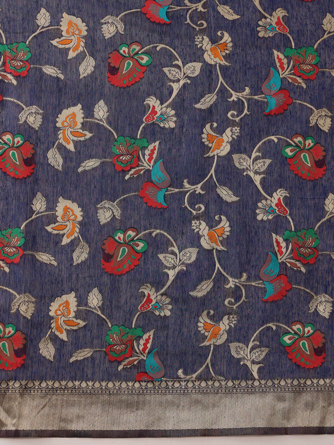 Hiral Fashion Navy Blue Jamdani Cotton Floral Woven Thread Saree | Grocsy
