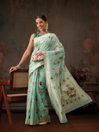 Hiral Fashion Teal Jamdani Cotton Floral Woven Thread Saree | Grocsy