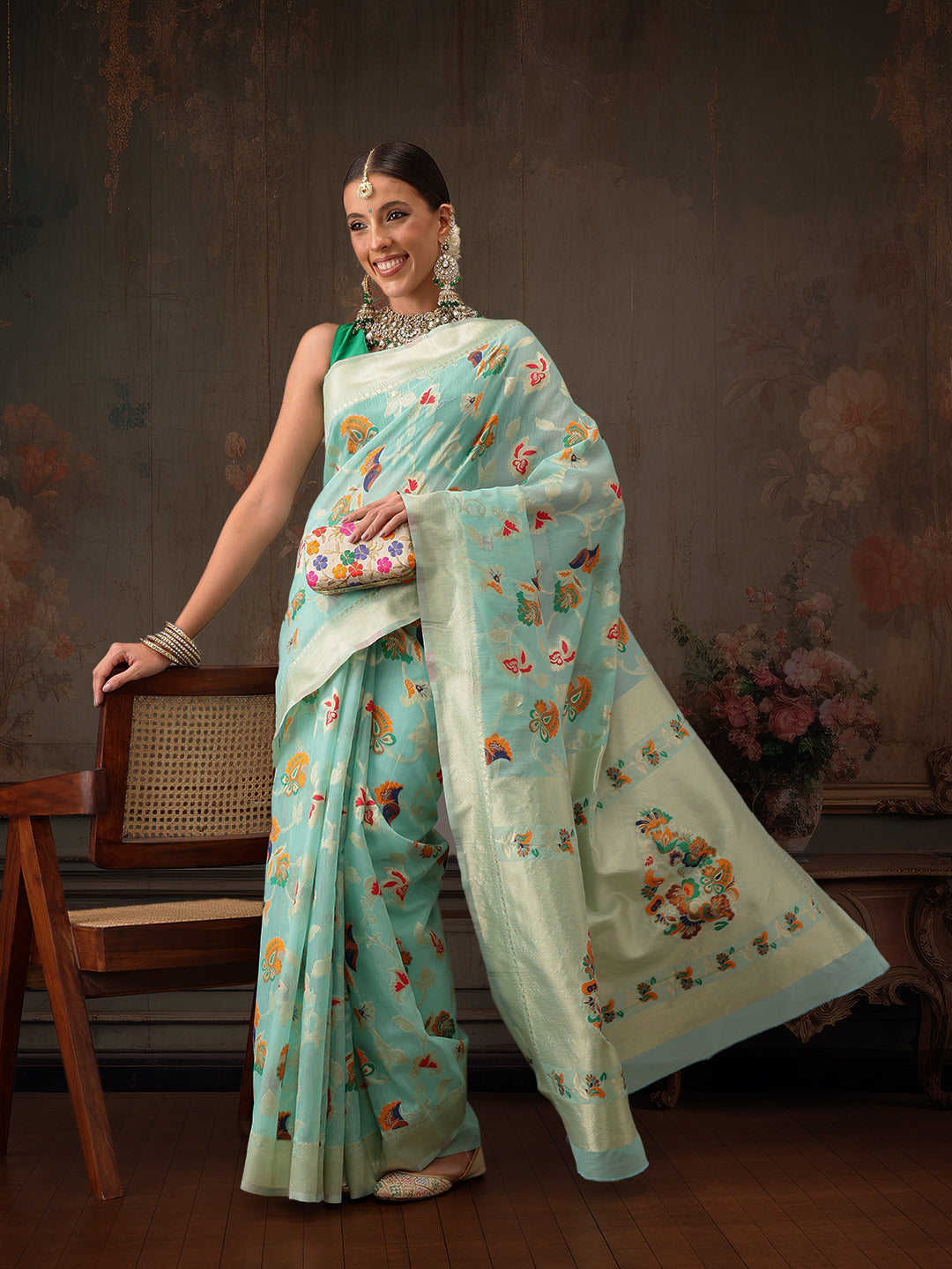 Hiral Fashion Teal Jamdani Cotton Floral Woven Thread Saree | Grocsy
