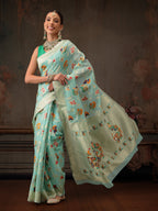Hiral Fashion Teal Jamdani Cotton Floral Woven Thread Saree | Grocsy