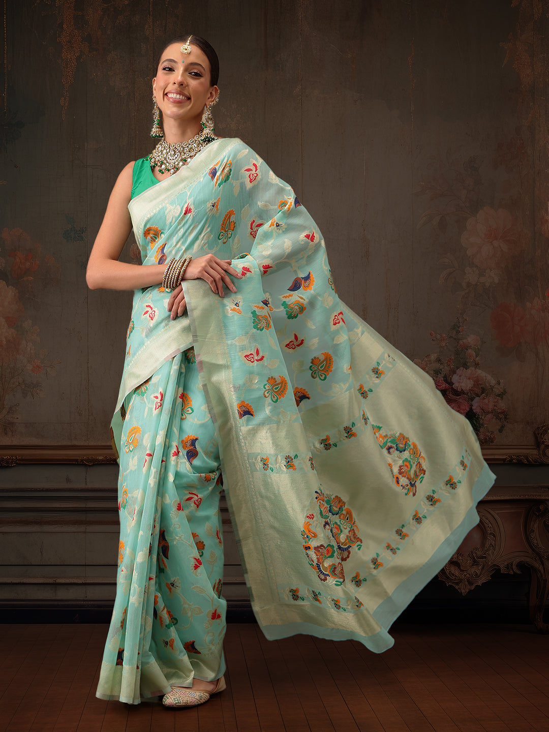 Hiral Fashion Teal Jamdani Cotton Floral Woven Thread Saree | Grocsy