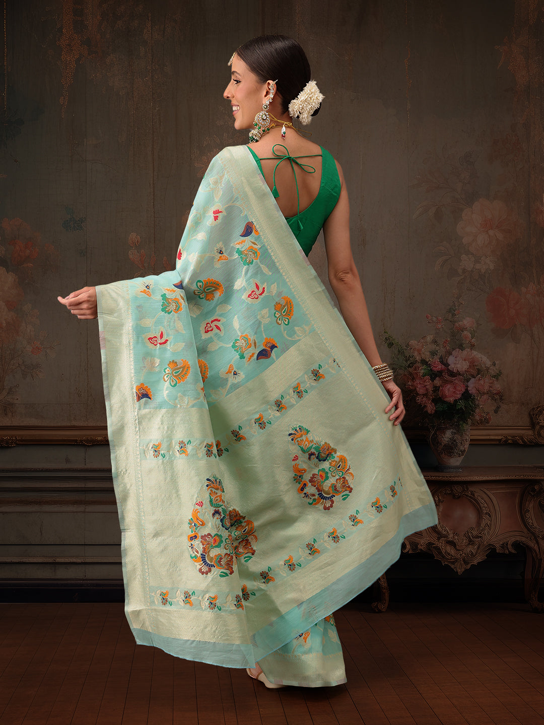 Hiral Fashion Teal Jamdani Cotton Floral Woven Thread Saree | Grocsy