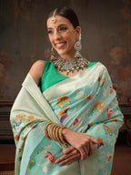 Hiral Fashion Teal Jamdani Cotton Floral Woven Thread Saree | Grocsy