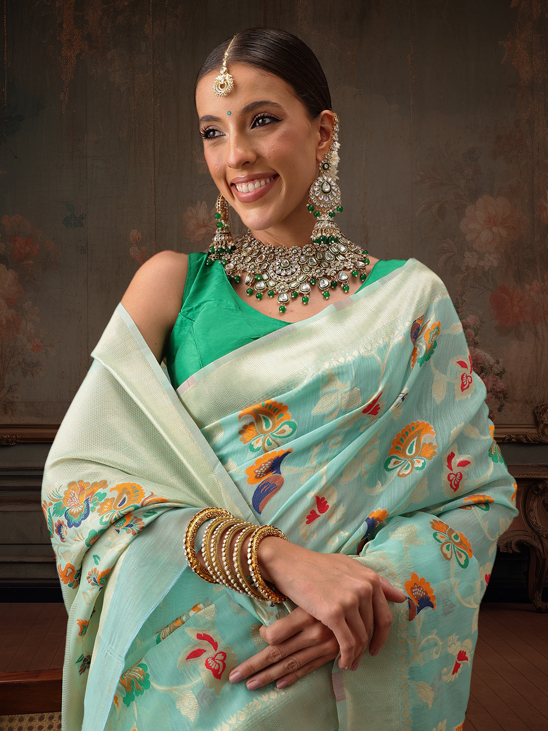 Hiral Fashion Teal Jamdani Cotton Floral Woven Thread Saree | Grocsy