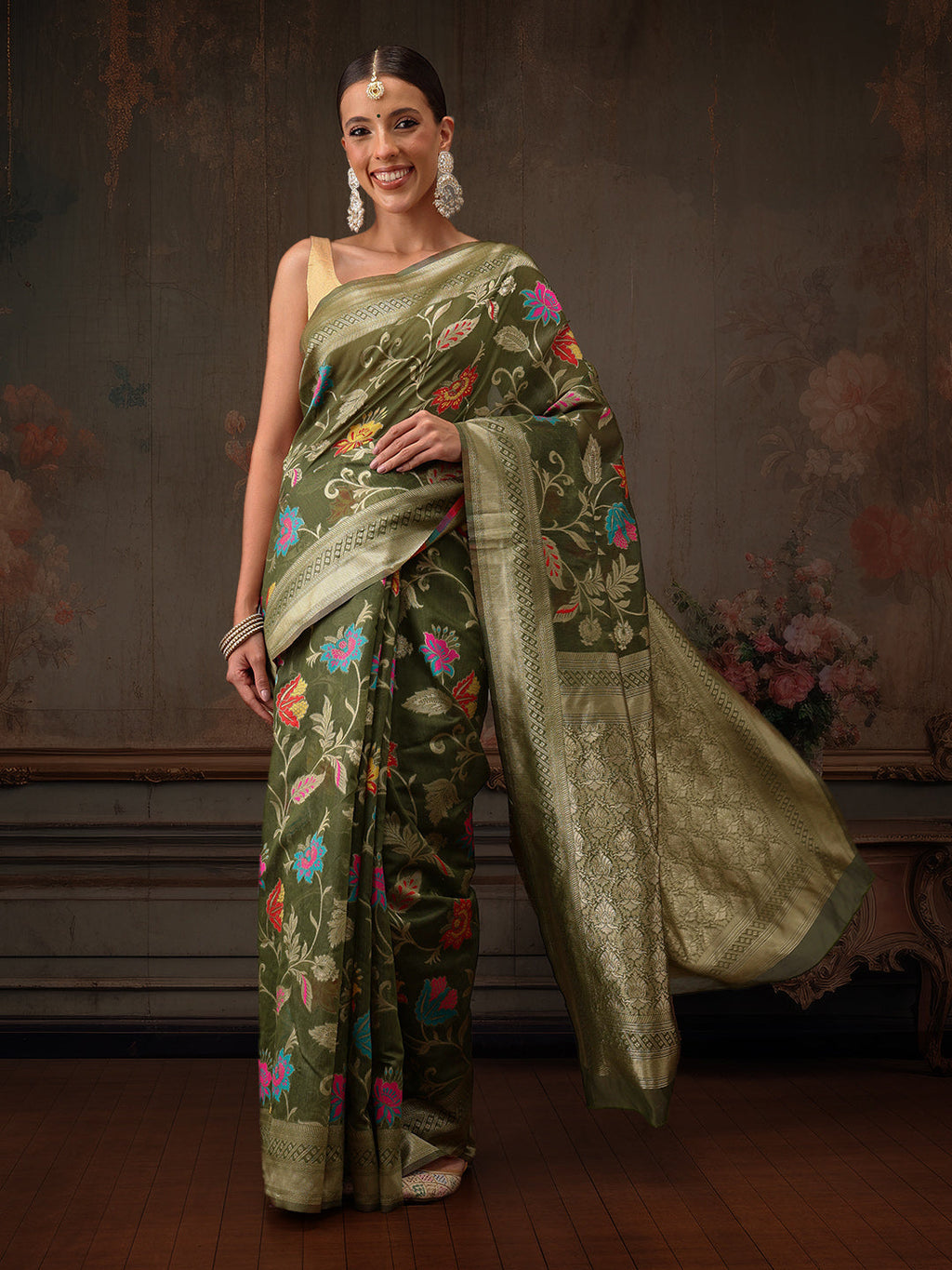 Hiral Fashion Green Jamdani Cotton Floral Woven Thread Saree | Grocsy