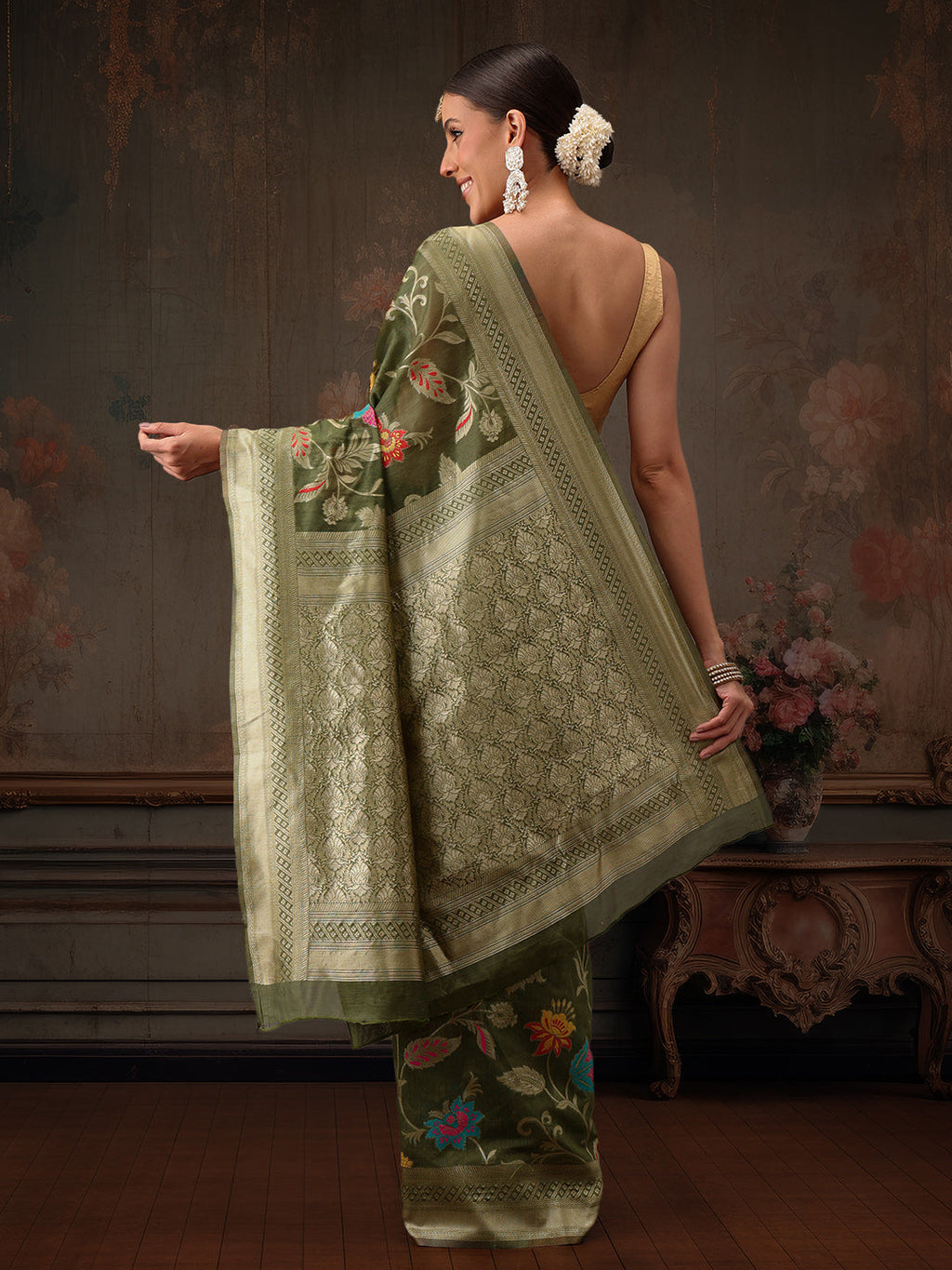 Hiral Fashion Green Jamdani Cotton Floral Woven Thread Saree | Grocsy