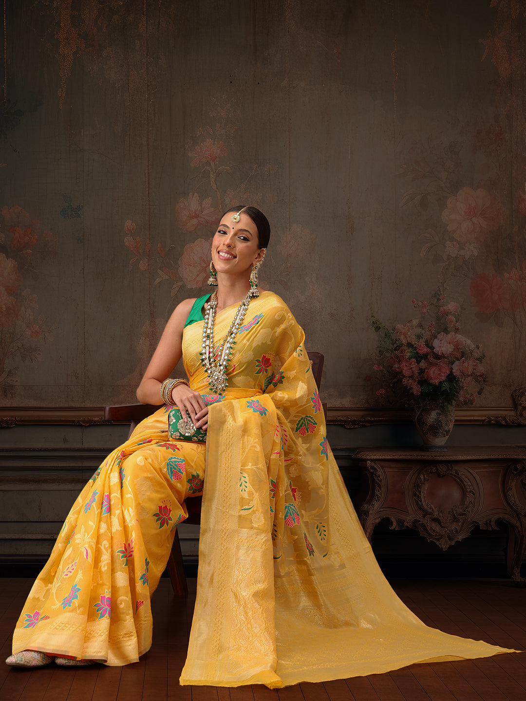 Hiral Fashion Mustard Jamdani Cotton Floral Woven Thread Saree | Grocsy