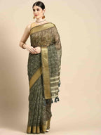 Black Silk Cotton Printed Floral Saree with Unstitched Blouse - Hiral Fashion | Grocsy