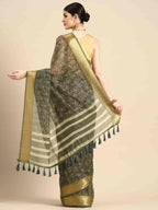 Black Silk Cotton Printed Floral Saree with Unstitched Blouse - Hiral Fashion | Grocsy