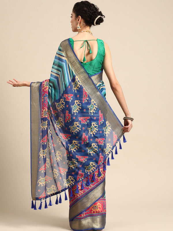 Blue Silk Cotton Printed Striped Saree with Unstitched Blouse - Hiral Fashion | Grocsy