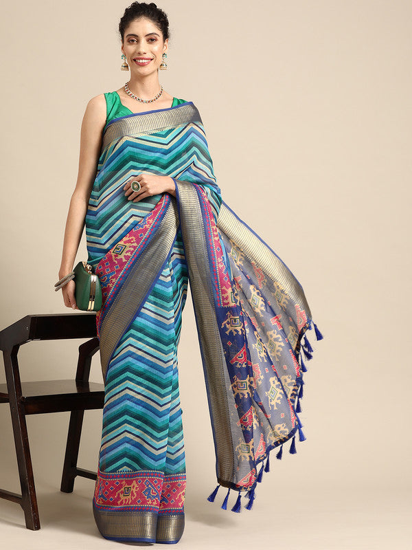 Blue Silk Cotton Printed Striped Saree with Unstitched Blouse - Hiral Fashion | Grocsy
