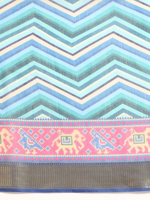 Blue Silk Cotton Printed Striped Saree with Unstitched Blouse - Hiral Fashion | Grocsy
