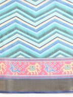Blue Silk Cotton Printed Striped Saree with Unstitched Blouse - Hiral Fashion | Grocsy