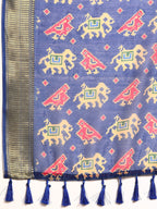 Blue Silk Cotton Printed Striped Saree with Unstitched Blouse - Hiral Fashion | Grocsy