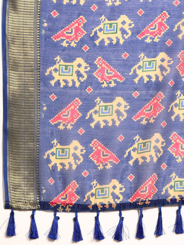 Blue Silk Cotton Printed Striped Saree with Unstitched Blouse - Hiral Fashion | Grocsy