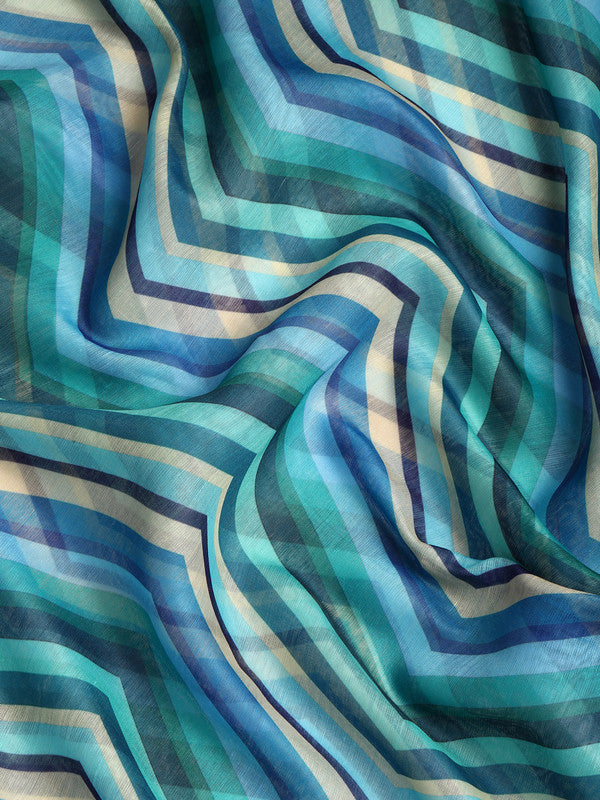 Blue Silk Cotton Printed Striped Saree with Unstitched Blouse - Hiral Fashion | Grocsy