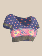 Blue Silk Cotton Printed Striped Saree with Unstitched Blouse - Hiral Fashion | Grocsy