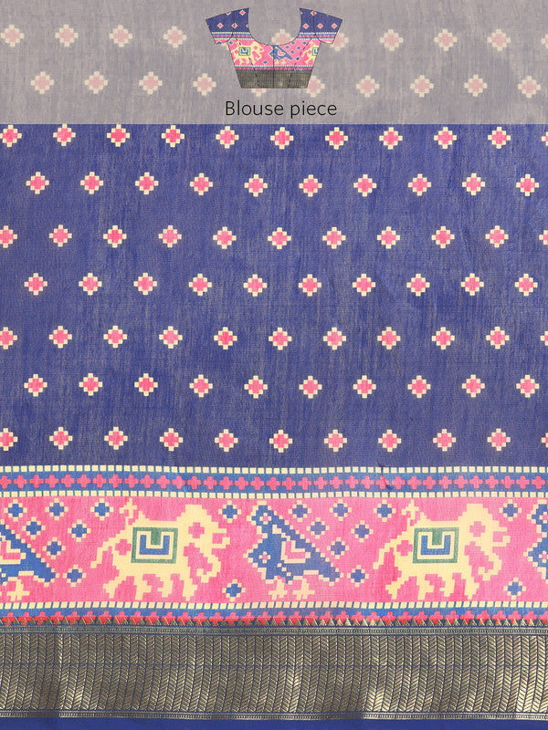 Blue Silk Cotton Printed Striped Saree with Unstitched Blouse - Hiral Fashion | Grocsy