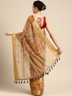 Brown Silk Cotton Printed Floral Saree with Unstitched Blouse - Hiral Fashion | Grocsy