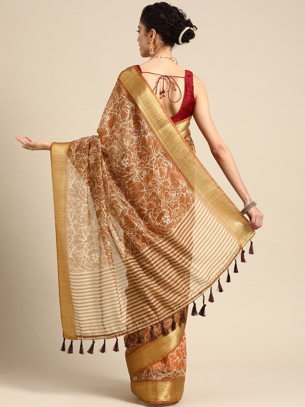 Brown Silk Cotton Printed Floral Saree with Unstitched Blouse - Hiral Fashion | Grocsy