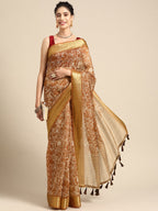 Brown Silk Cotton Printed Floral Saree with Unstitched Blouse - Hiral Fashion | Grocsy