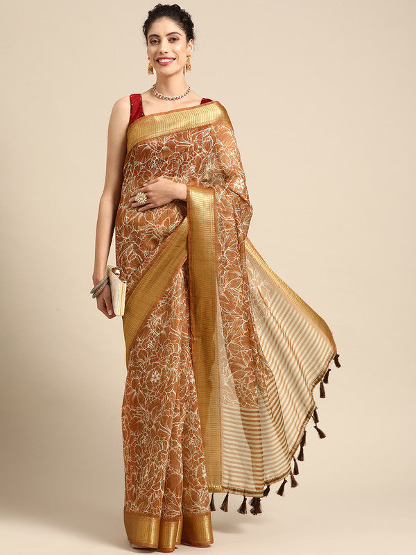 Brown Silk Cotton Printed Floral Saree with Unstitched Blouse - Hiral Fashion | Grocsy