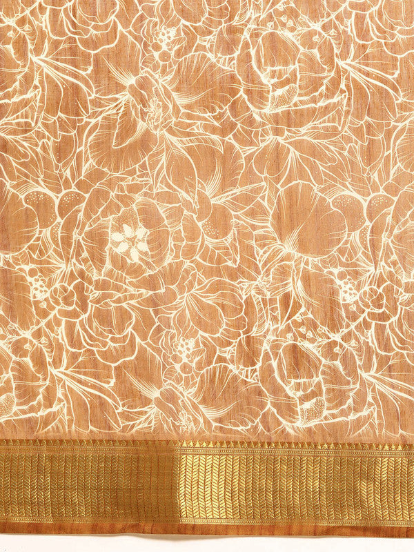 Brown Silk Cotton Printed Floral Saree with Unstitched Blouse - Hiral Fashion | Grocsy