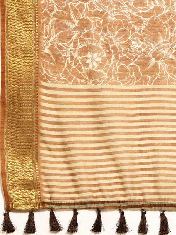 Brown Silk Cotton Printed Floral Saree with Unstitched Blouse - Hiral Fashion | Grocsy