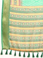Green Silk Cotton Printed Geomatric Saree with Unstitched Blouse - Hiral Fashion | Grocsy