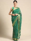 Green Silk Cotton Printed Floral Saree with Unstitched Blouse - Hiral Fashion | Grocsy