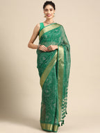 Green Silk Cotton Printed Floral Saree with Unstitched Blouse - Hiral Fashion | Grocsy