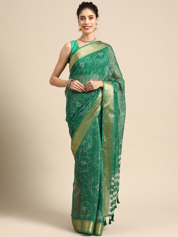 Green Silk Cotton Printed Floral Saree with Unstitched Blouse - Hiral Fashion | Grocsy