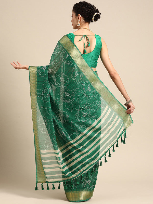 Green Silk Cotton Printed Floral Saree with Unstitched Blouse - Hiral Fashion | Grocsy