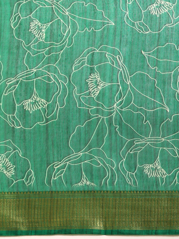 Green Silk Cotton Printed Floral Saree with Unstitched Blouse - Hiral Fashion | Grocsy