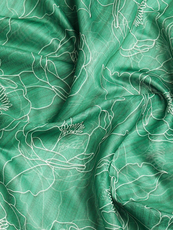Green Silk Cotton Printed Floral Saree with Unstitched Blouse - Hiral Fashion | Grocsy